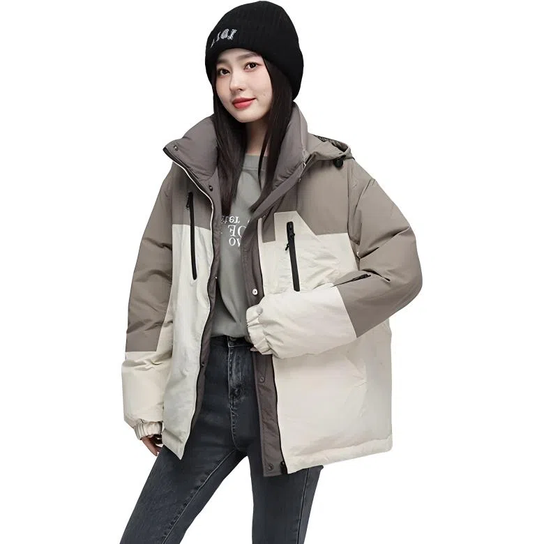 鸭鸭 时尚连帽简约拼色羽绒服 女款