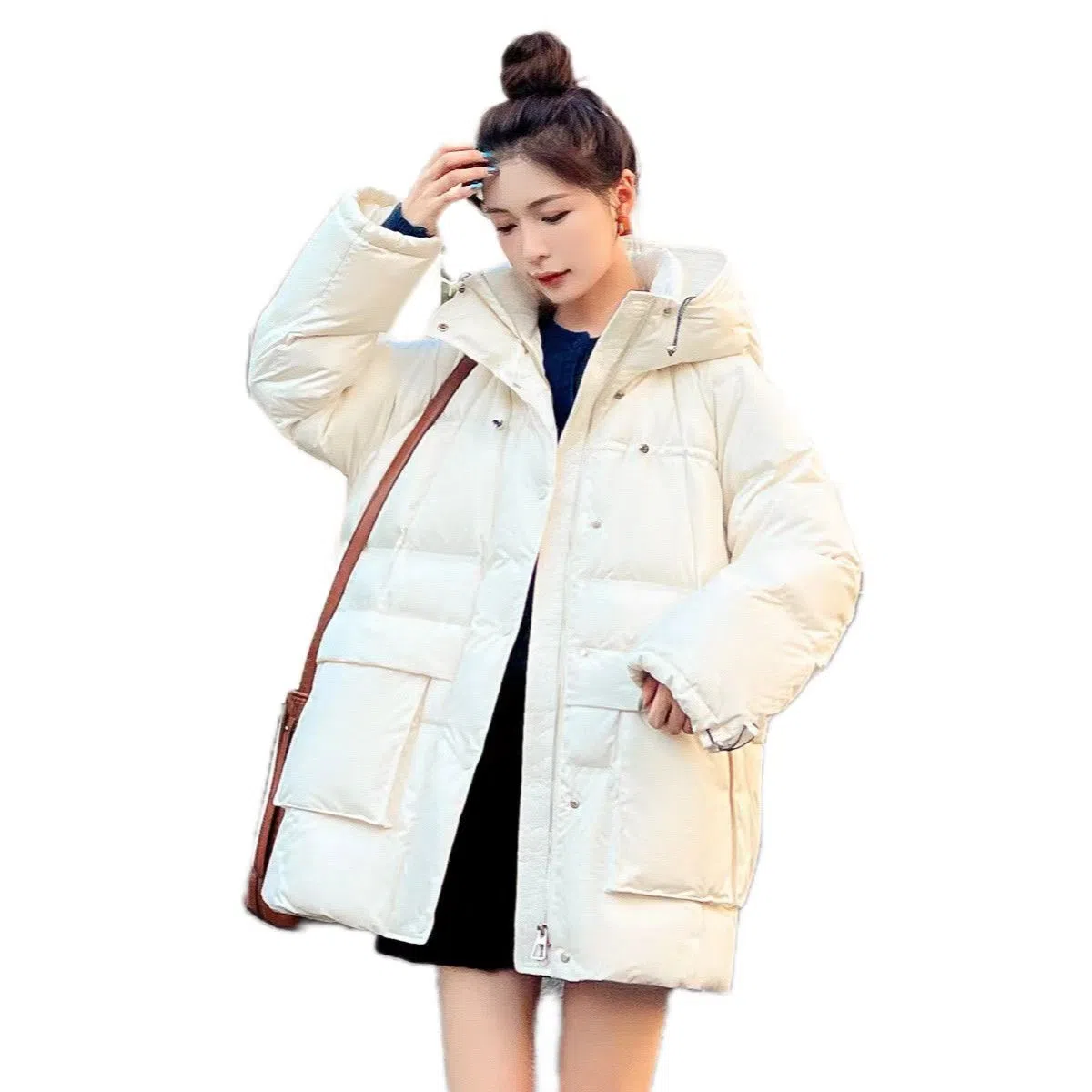 鸭鸭 连帽宽松中长款羽绒服 女款 黑色