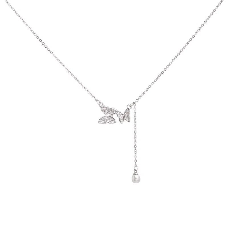 尚先生 蝴蝶轻奢小众设计感高级仿珍珠精致甜美锆石吊坠 钛钢 项链 女款 礼盒装