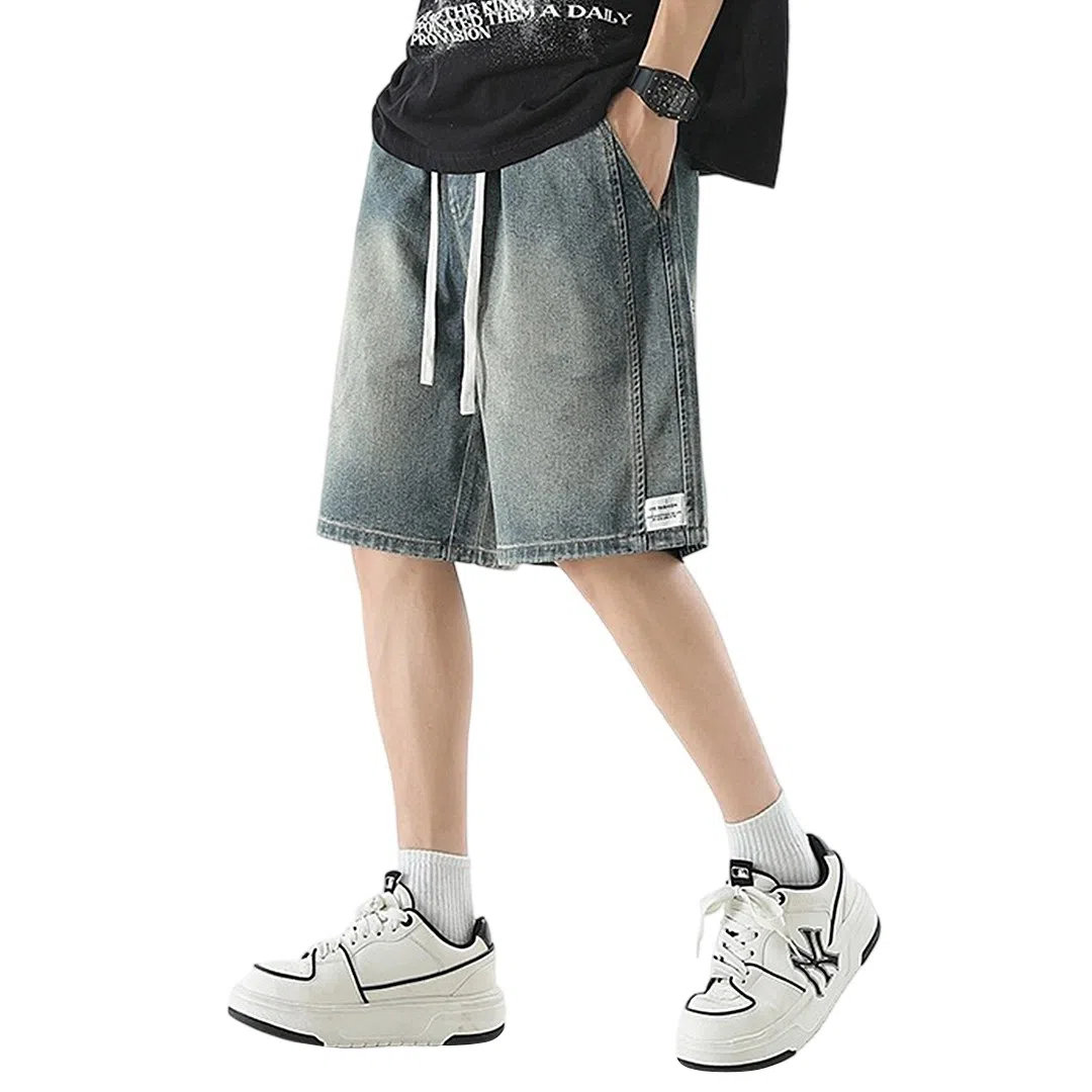 顶峰保罗 无性别主义潮牌宽松水洗做旧中裤美式高街直筒五分裤潮流时尚百搭运动系带高级感牛仔短裤 男女同款