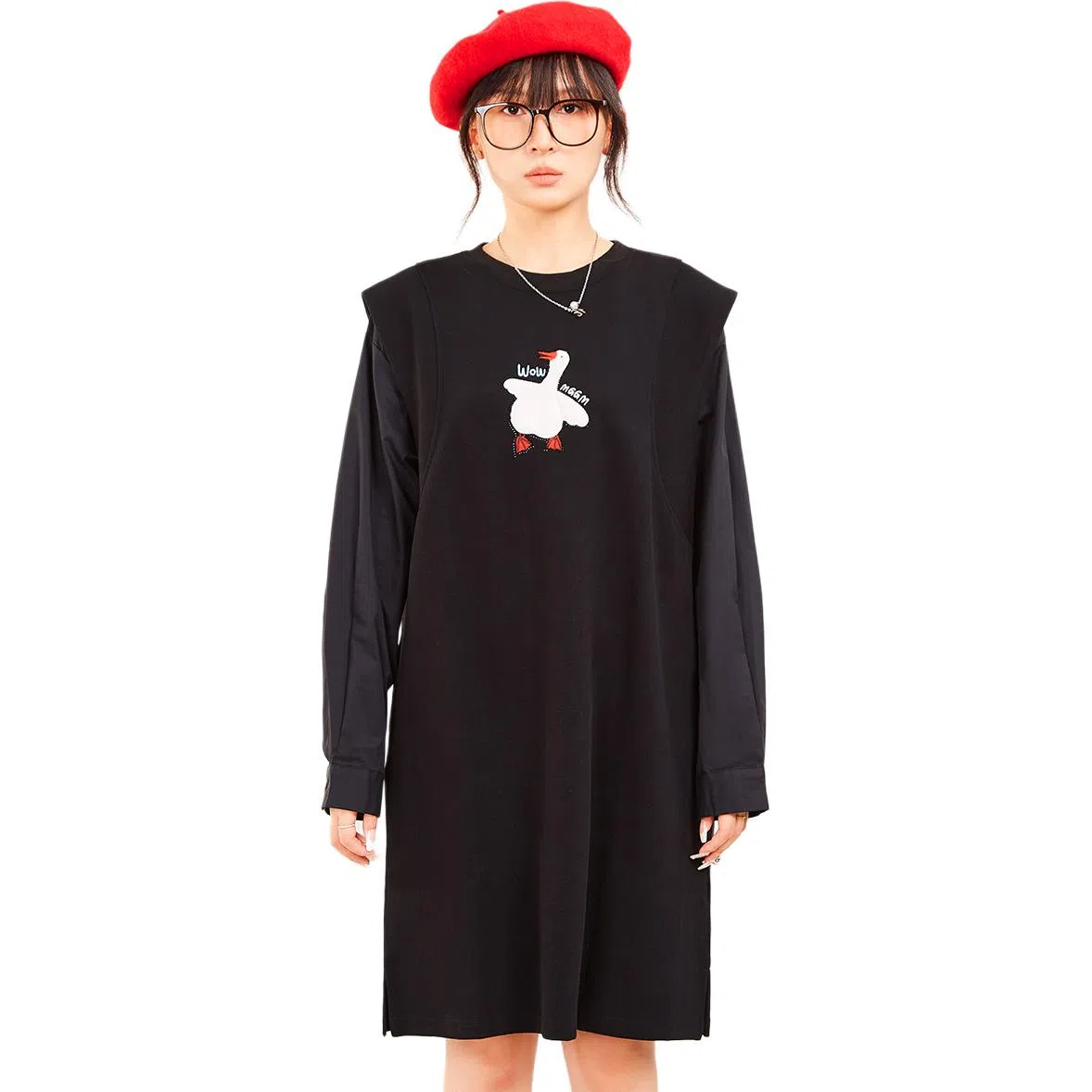 木果果木 小个子直筒中长款假两件拼接长袖连衣裙 女款