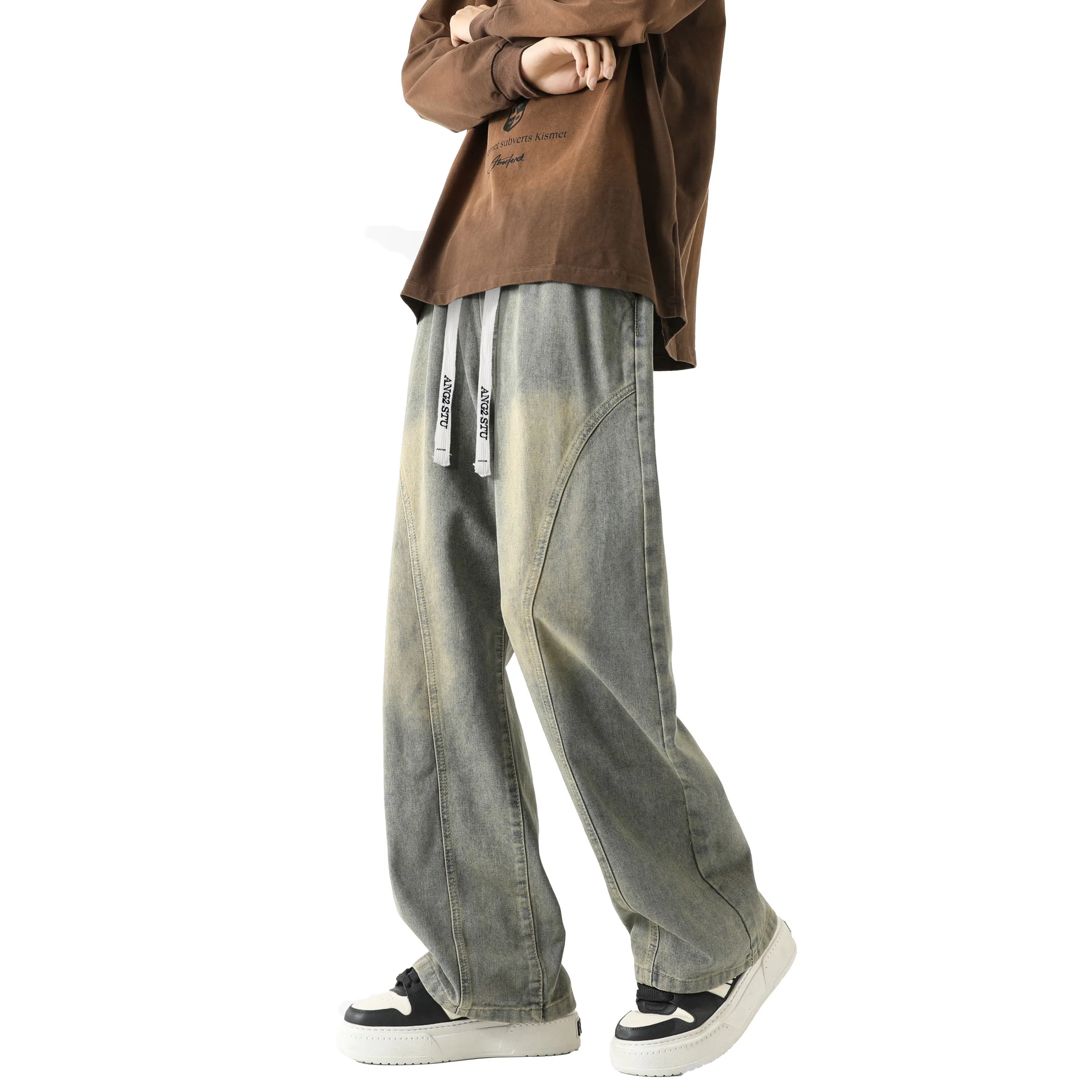 布客行 美式高街潮牌复古水洗渐变做旧拼接宽松直筒垂感抽绳休闲牛仔裤 男女同款