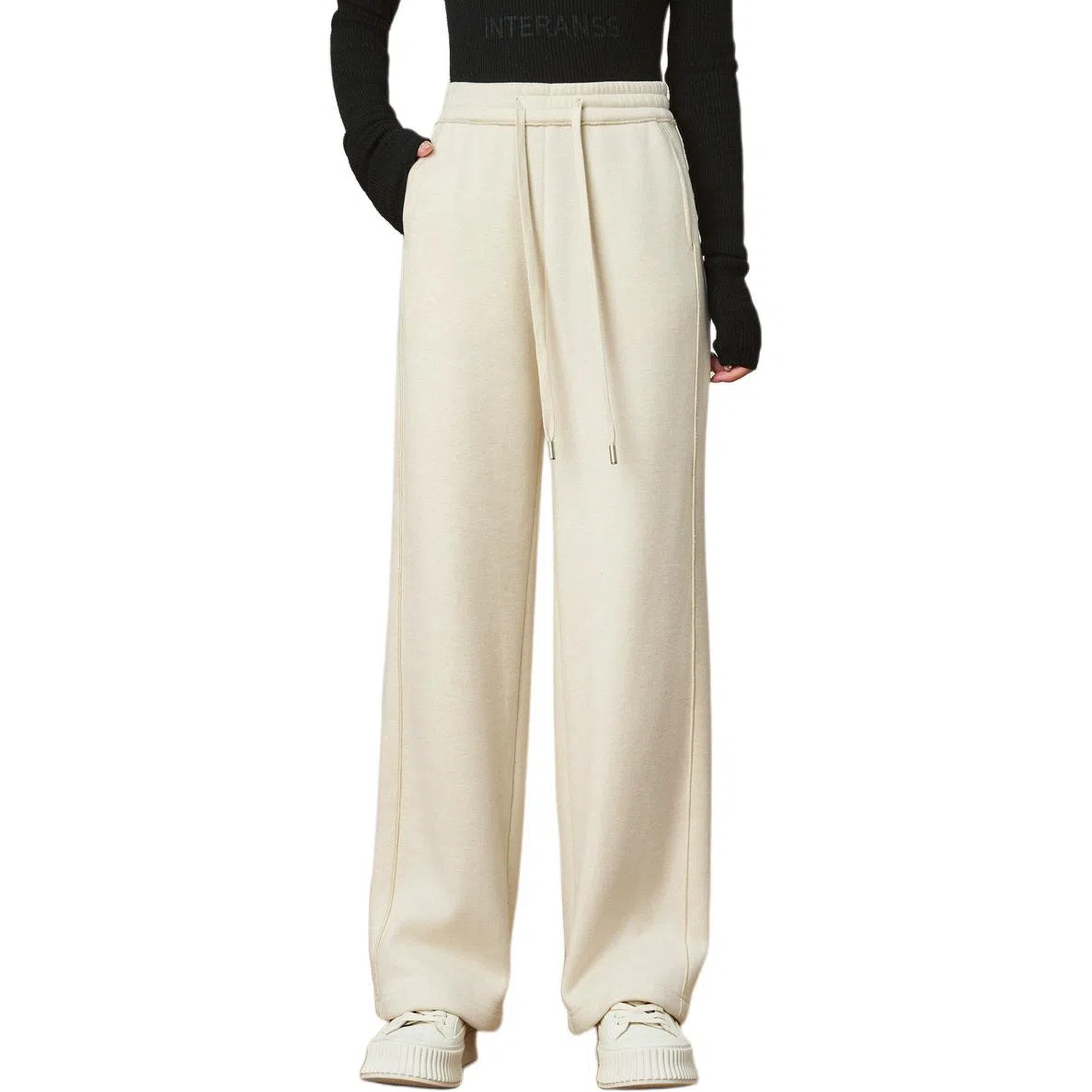 粉红玛琍 纯色简约系带休闲裤 女款 米色