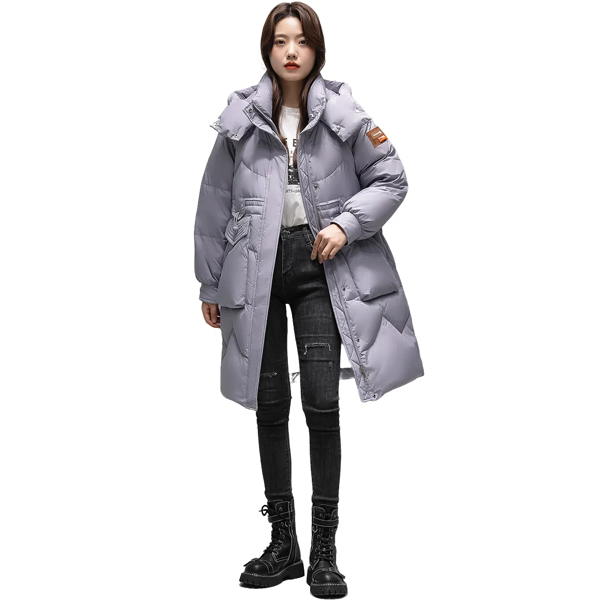 鸭鸭 加厚中长款抗寒保暖连帽羽绒服 女款