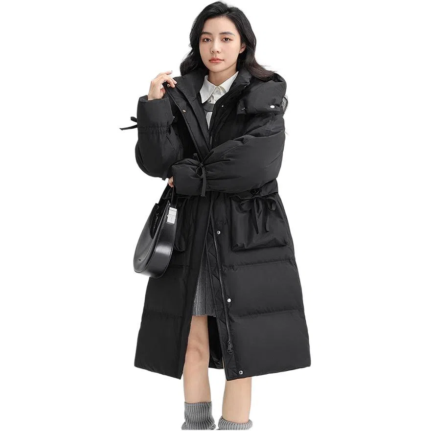 鸭鸭 纯色口袋连帽中长款长袖羽绒服 女款