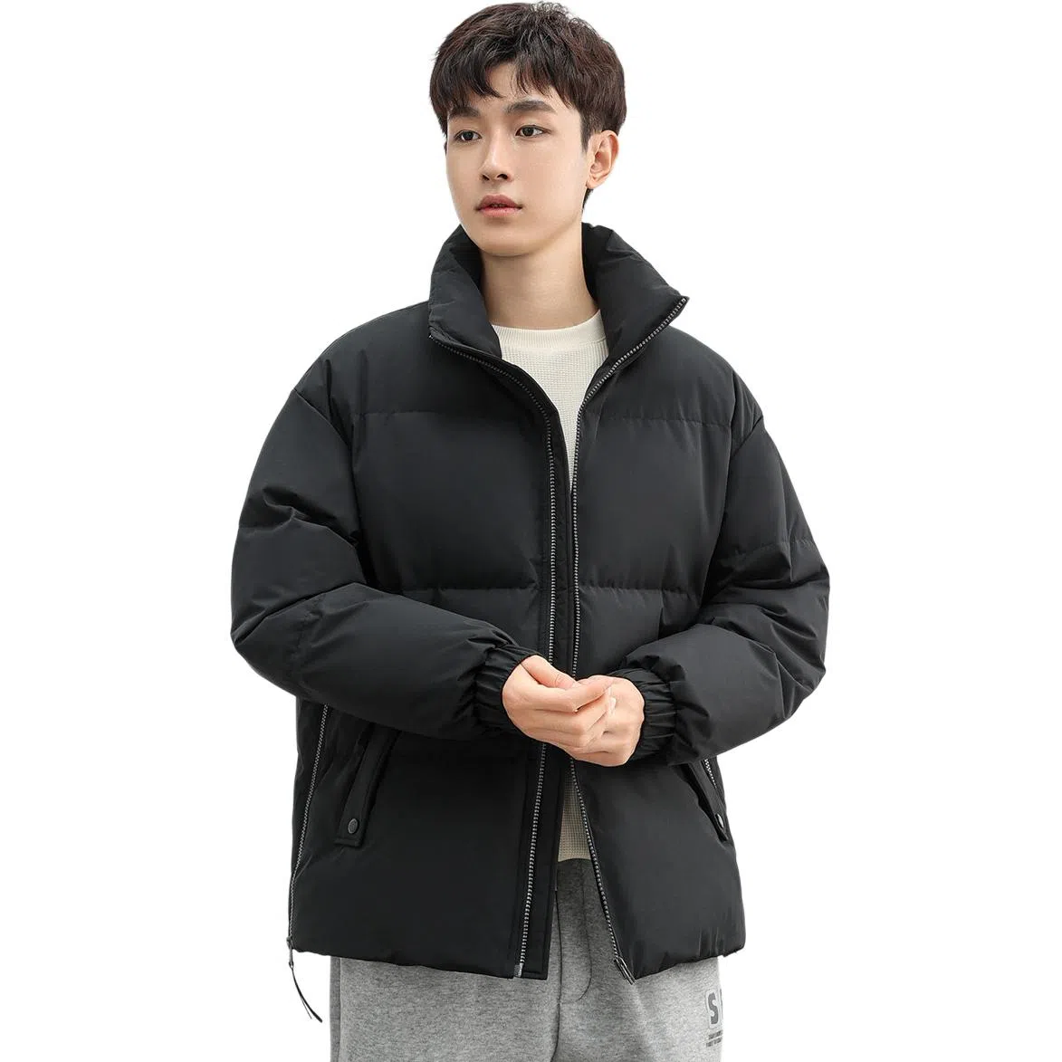 鸭鸭 纯色抗皱短款面包羽绒服 男款