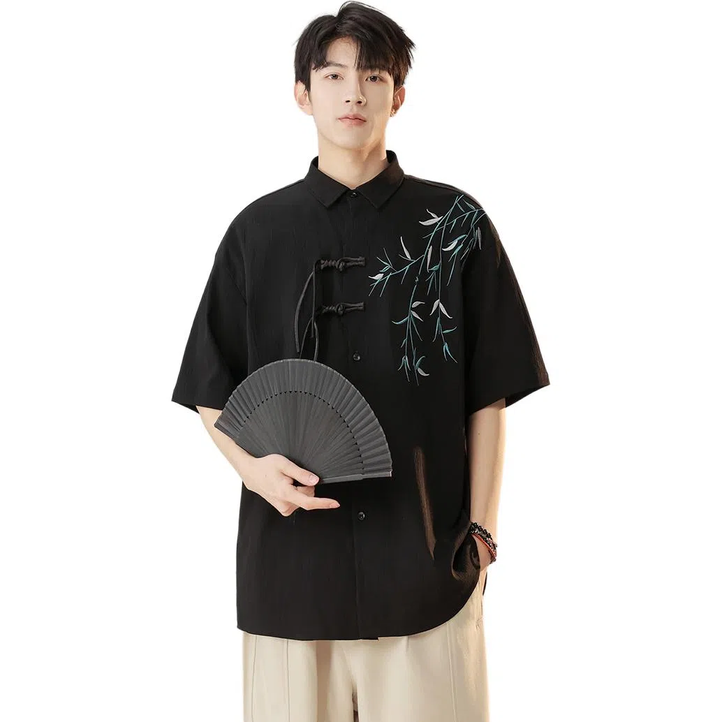 顶峰保罗 新中式竹子盘扣薄款国风宽松百搭无性别主义垂感休闲复古肌理感刺绣痞帅潮牌透气短袖衬衫 男女同款