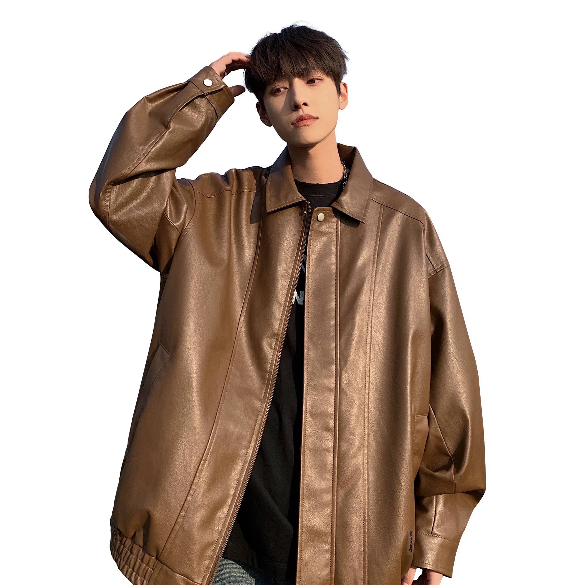 王者荣耀 美式基础款拼接翻领外套复古机车拉链宽松休闲百搭时尚皮衣 男女同款