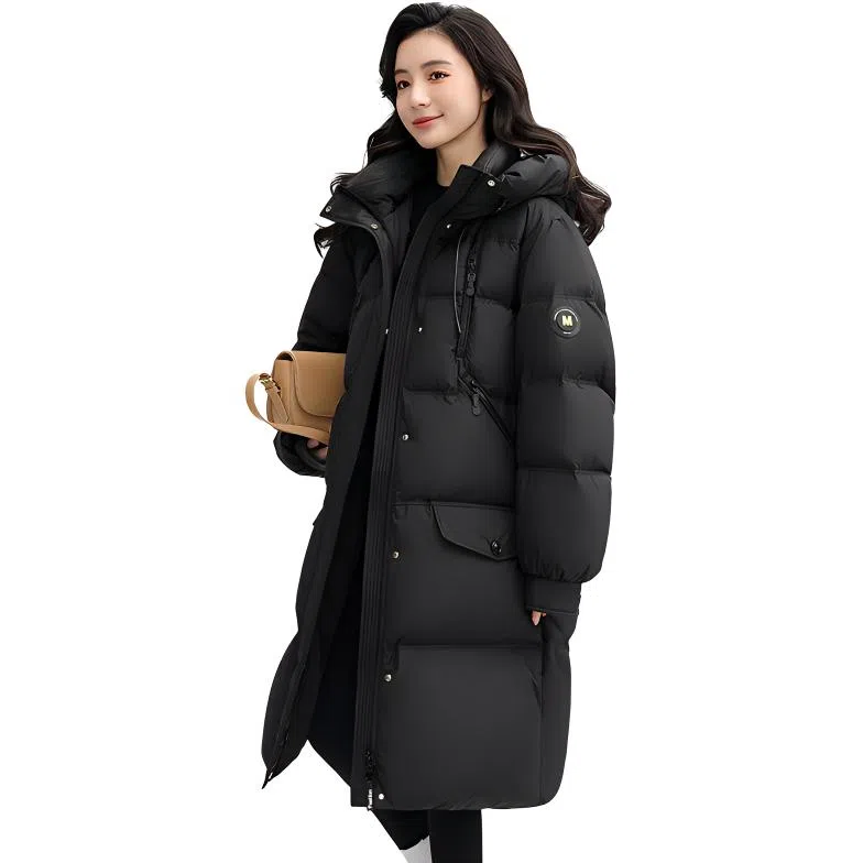 鸭鸭 纯色加厚连帽拉链中长宽松口袋休闲羽绒服 女款