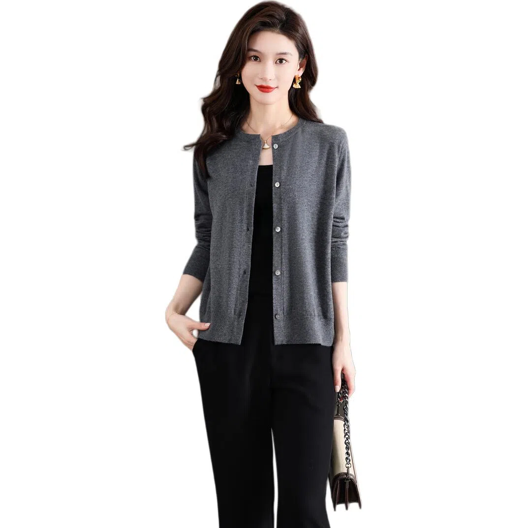 恒源祥 圆领时尚开衫通勤百搭纯色长袖针织衫 女款