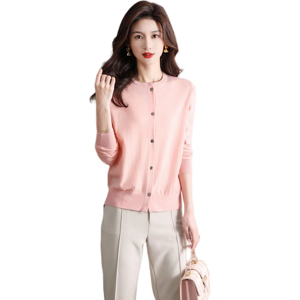 恒源祥 圆领时尚开衫通勤百搭纯色长袖针织衫 女款