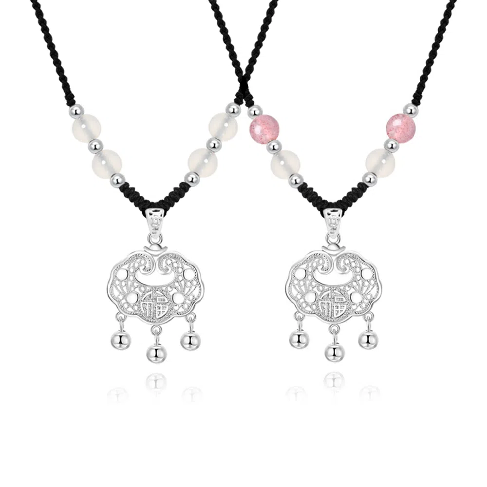 【999纯银 转运平安】足银福运平安锁 七好美银 新中式国风招财纳福小众设计编织简约时尚百搭长命锁本命年#好运 玛瑙 项链 男女同款情侣款