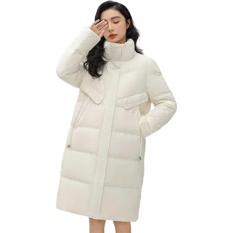 鸭鸭 纯色拉链修身立领中长款羽绒服 女款