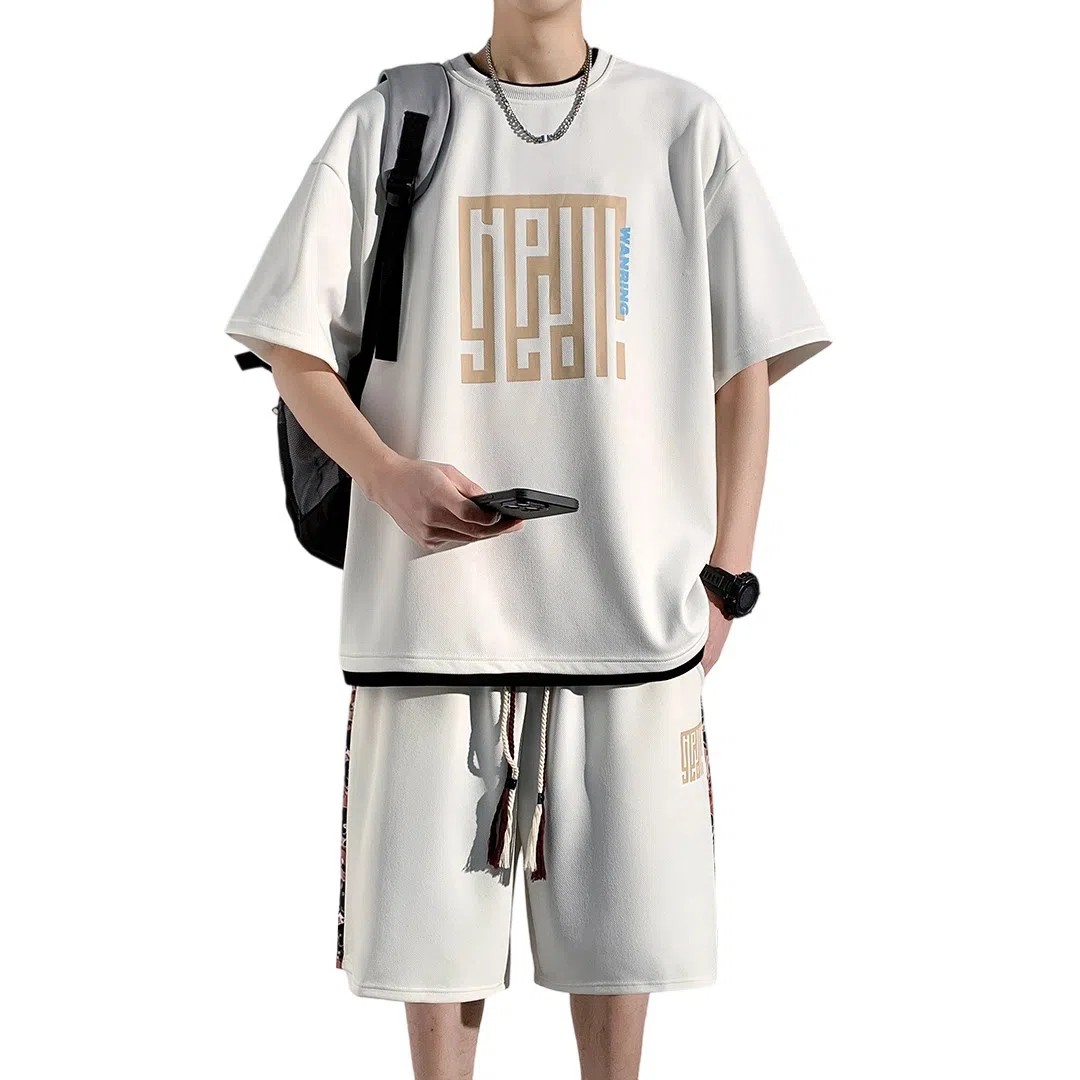 顶峰保罗 新中式国潮冰丝健身篮球圆领短袖短裤一整套无性别主义弹力松紧腰显高宽松加肥加大舒适百搭休闲运动套装 男女同款