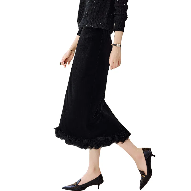 她池 纯色修身简约中长款休闲长裙 女款 黑色