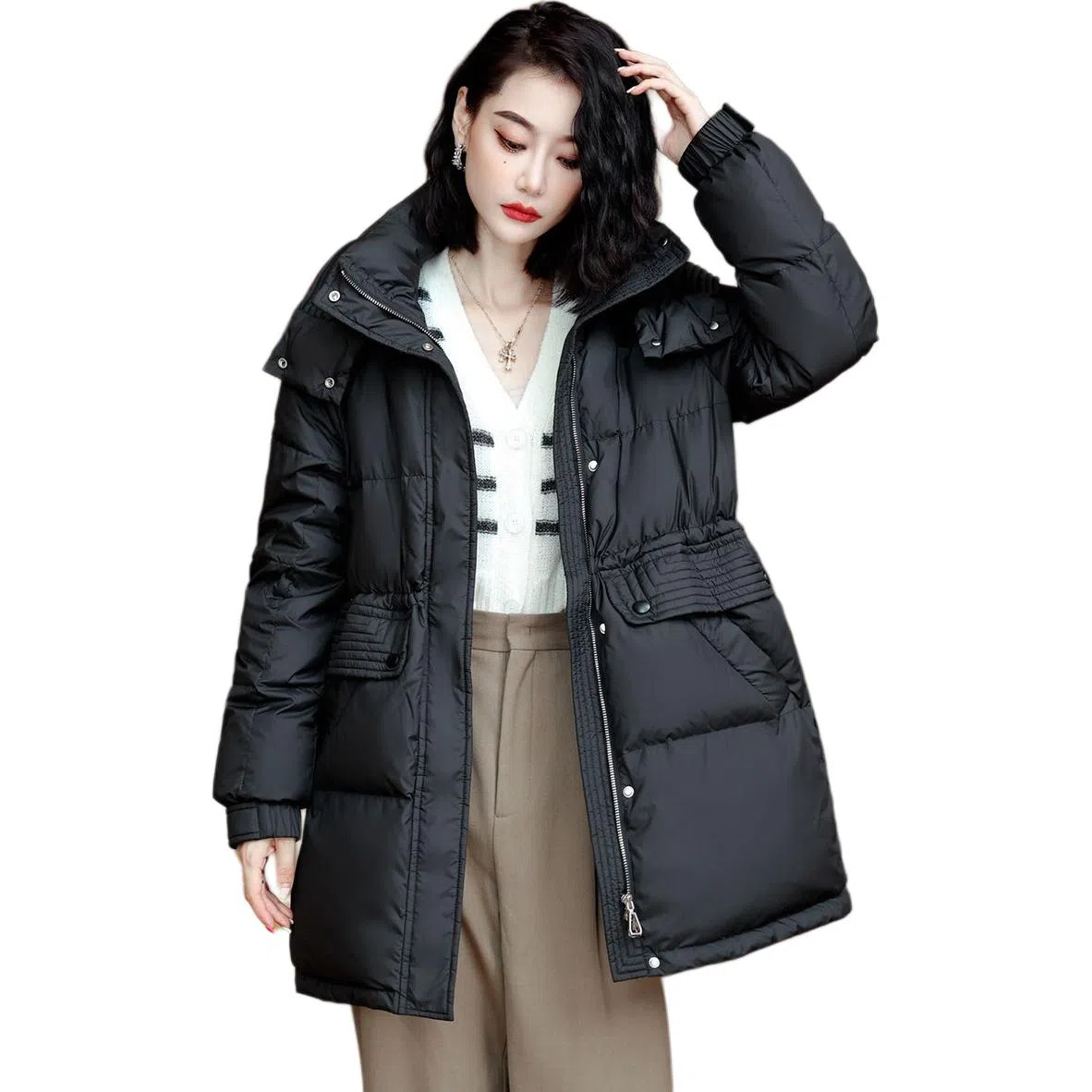 鸭鸭 纯色连帽中长款宽松羽绒服 女款