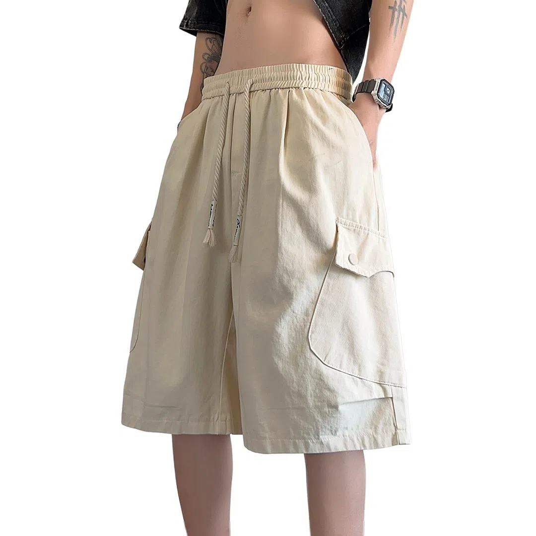 顶峰保罗 美式纯棉机能潮牌宽松百搭简约五分裤薄款透气无性别主义松紧腰直筒运动多口袋工装痞帅休闲短裤 男女同款