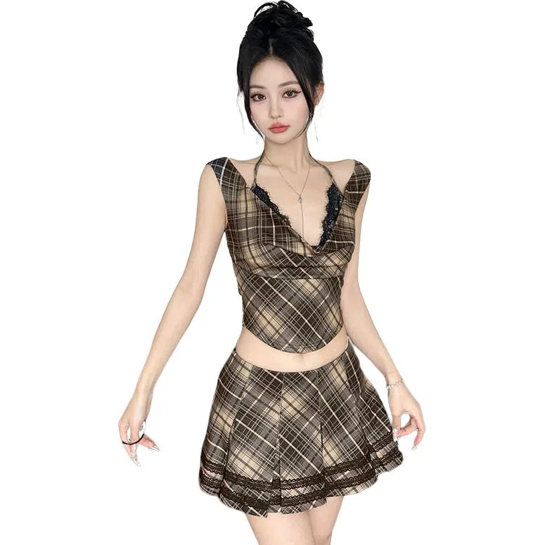 哒头下雨不愁 美式辣妹风格子复古百褶时尚休闲短裙 女款 棕色