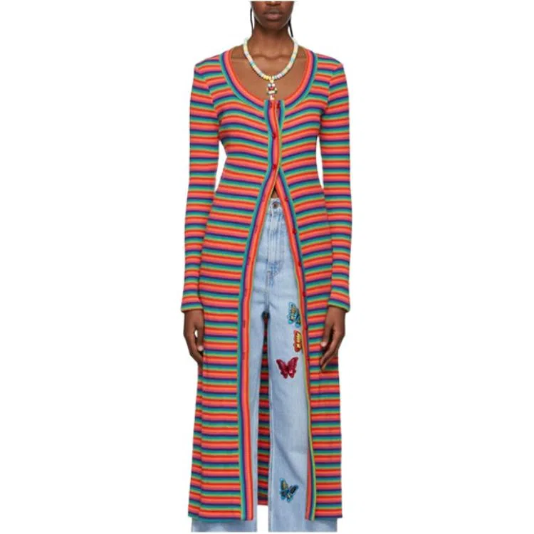 安娜苏 条纹长款长袖连衣裙 女款 红色