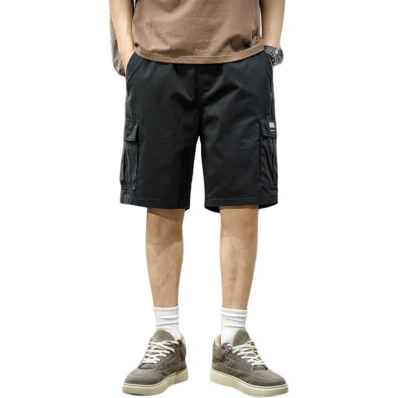 前进牛 美式休闲高街复古潮牌褶皱凉感简约绣标大口纯棉运动休闲中裤宽松直筒大码五分裤工装短裤 男女同款