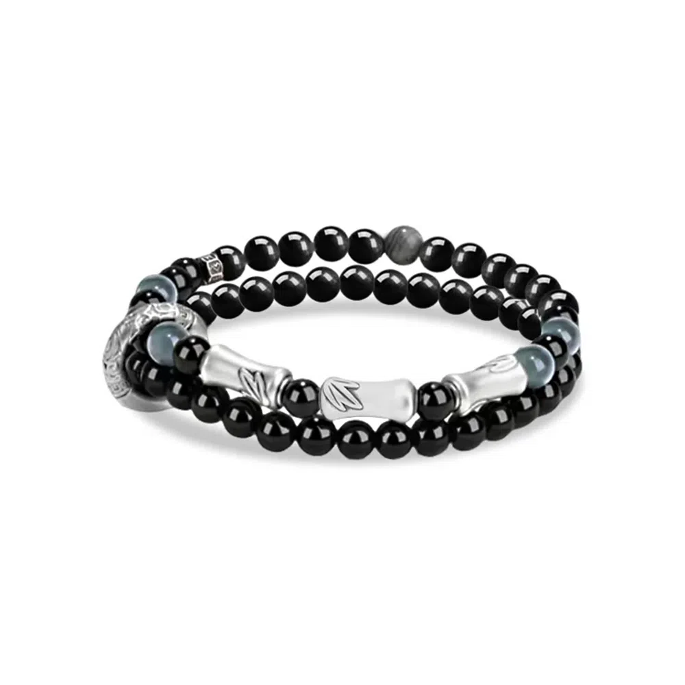 【S999足银纯银 节节高升】 七七银饰  万事如意 气质小众设计新中式本命年 轻奢简约八方来财招财纳福 学生 黑曜石 手串 男女同款情侣款