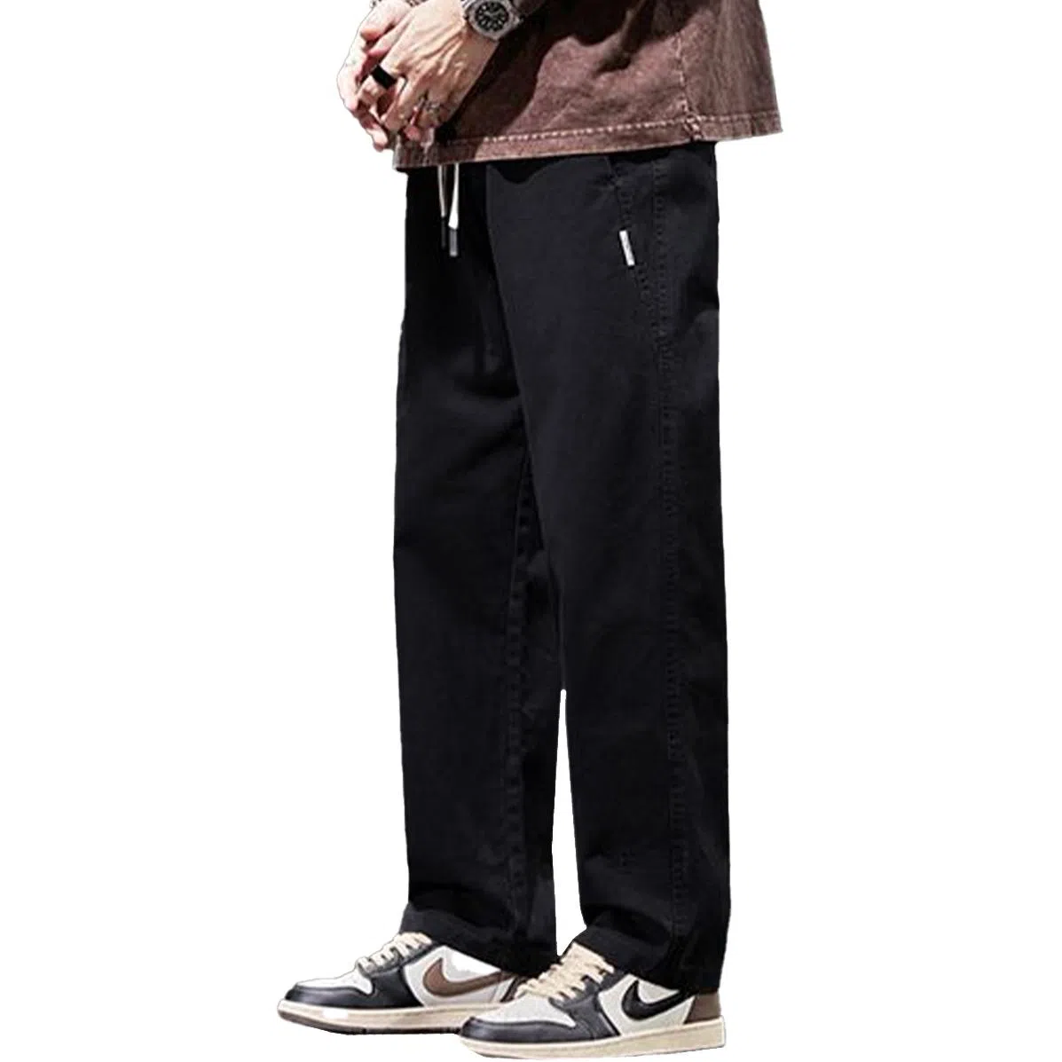 人本 纯色中腰宽松直筒系带休闲裤 男女同款 黑色