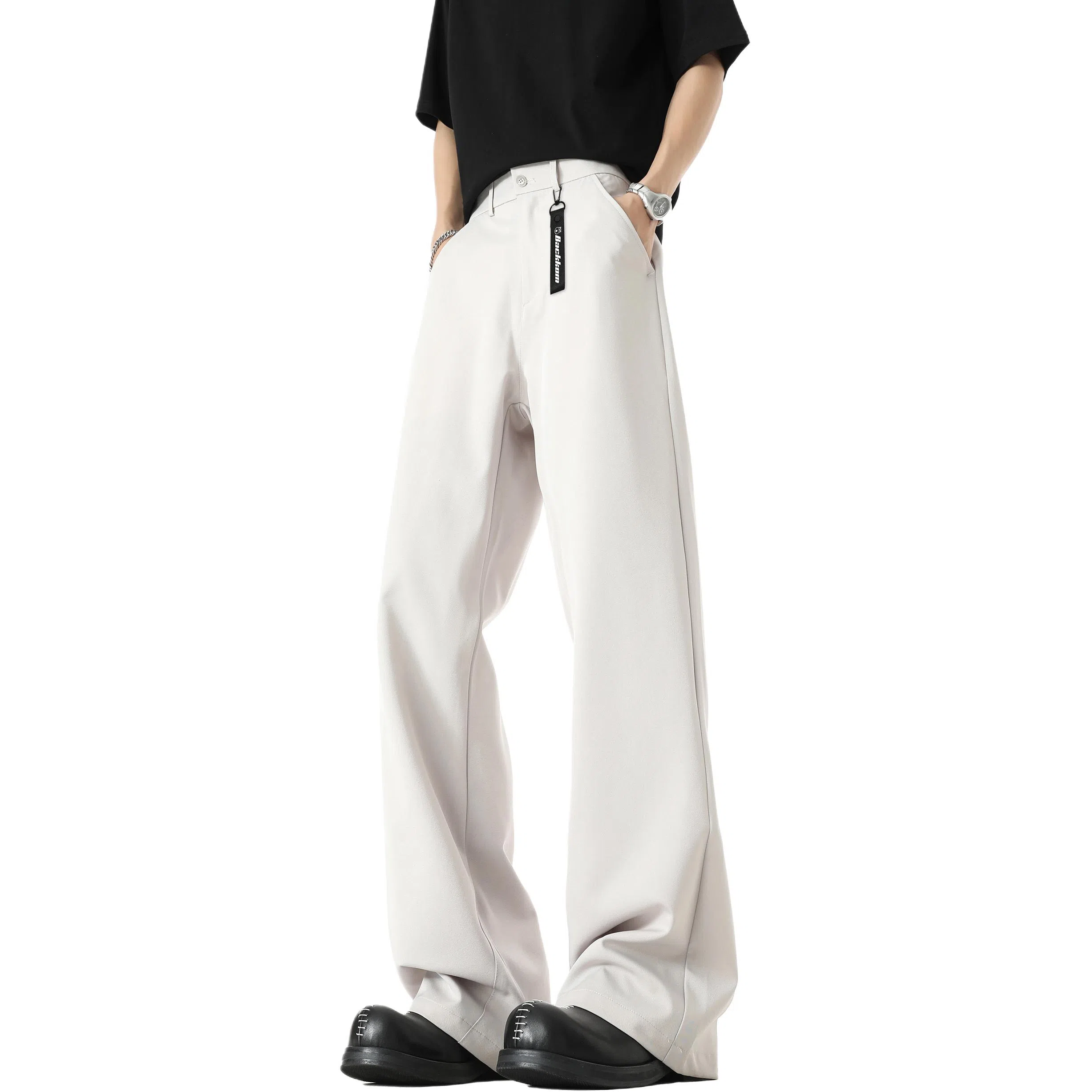 大卫贝肯 美式高街西裤可拆卸织带扣宽松纯色显高直筒轻薄透气垂坠感微喇休闲裤 男女同款