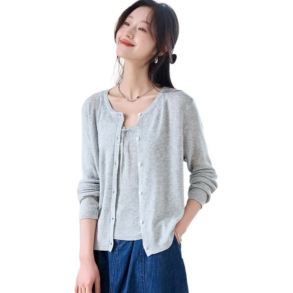 曲韩 针织开衫配吊带两件套纯色常规长袖休闲套装 女款