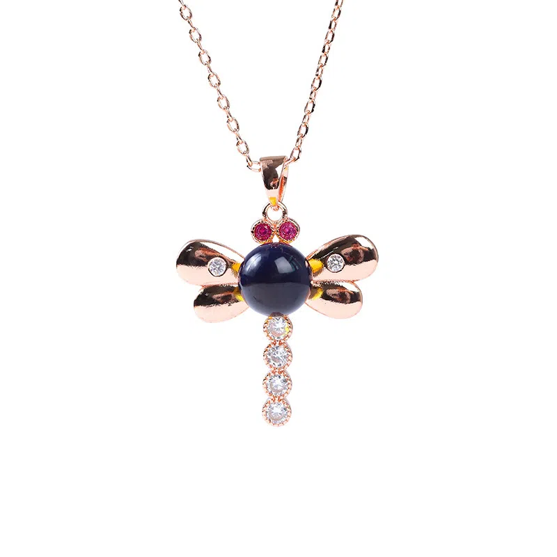 彤彤兔 仿蜻蜓蓝珀气质圆珠小众轻奢 人工宝石 项链 女款