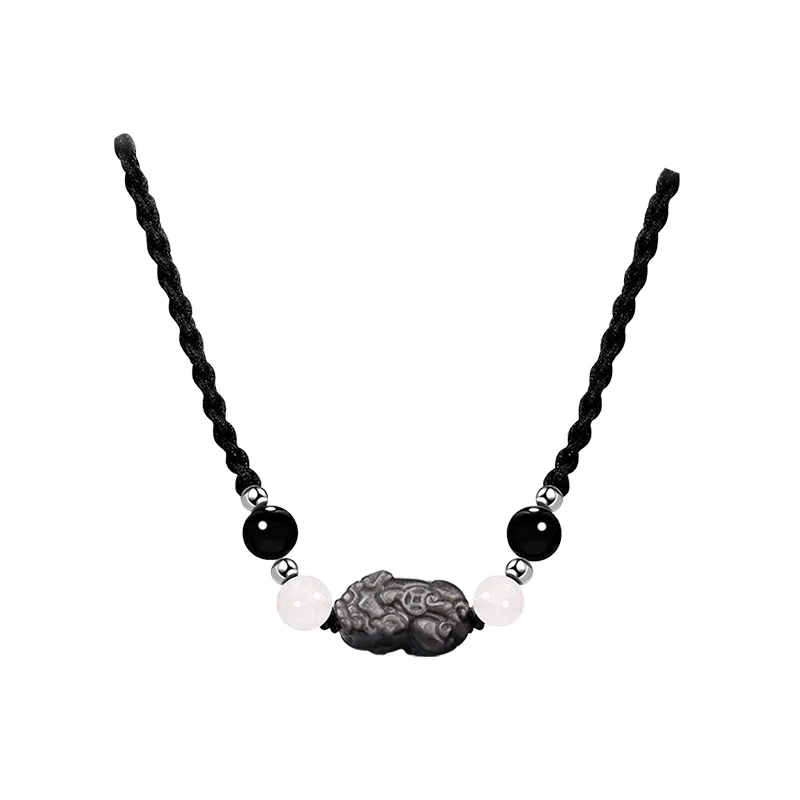 秦福炫 招财貔貅吞金纳福痞帅高级感黑绳链可调节 黑曜石 玉石项链 男女同款情侣款