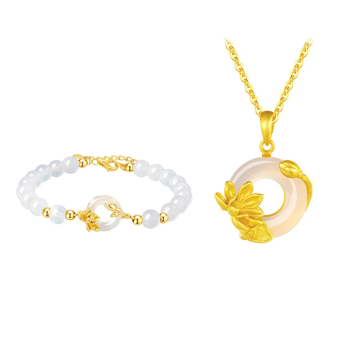 中国珠宝 平安扣荷花锁骨链 新中式国潮复古设计 福运经典东方古韵幸福美满  精致轻奢高级贵气小众设计感饰品 玉髓 玉石项链 女款