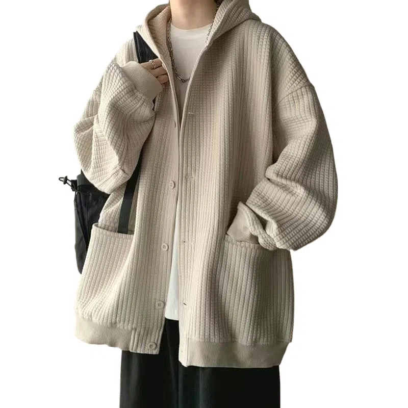 玉儿恋 美式复古纯色宽松百搭开衫连帽加厚夹克外套 男款