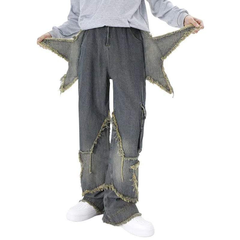 极限涡轮 五角星设计小众美式做旧水洗高街牛仔裤 男女同款 复古蓝