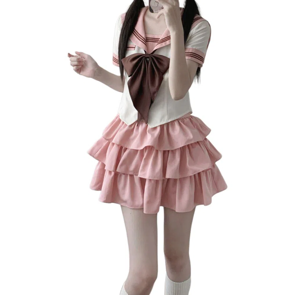 御茶家 小巧莓原创学院风水手服初恋感海军领短款收腰显瘦截短上衣蓬蓬蛋糕裙半身裙裙装套装 女款