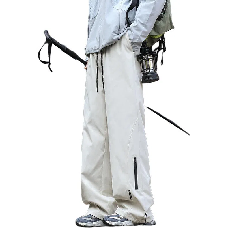 八哥 加绒加厚美式高街户外机能层次褶皱拼接拉链设计防风防水伞兵纯色简约基础款宽松直筒阔腿垂感工装微喇休闲裤 男女同款