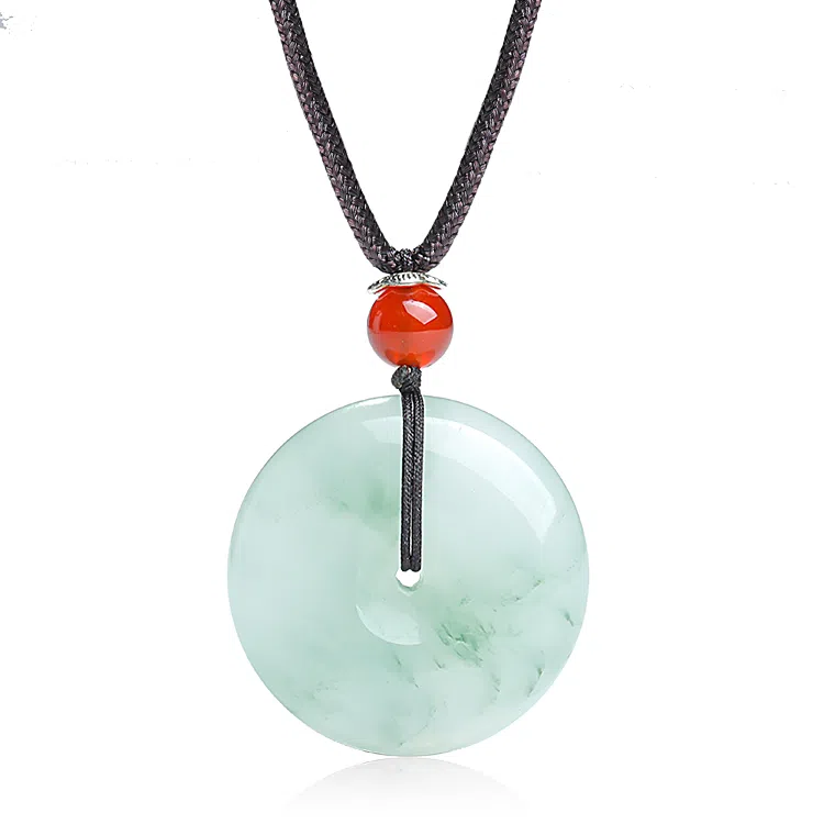 印象眸 玉平安扣 新中式古风简约经典飘花如意平安玉吊坠 天山翠 项链 男女同款情侣款 礼品 礼盒包装