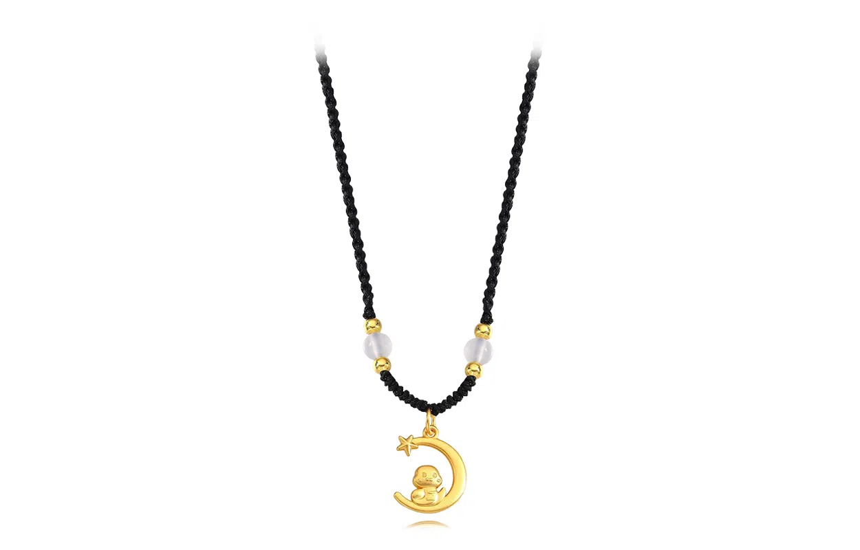 牧言 国潮复古新中式简约小众设计高级感 呆萌可爱萌趣十二生肖蛇弯月星星如意幸运小蛇编织黑绳锁骨链#好运 合金 月亮蛇项链 女款