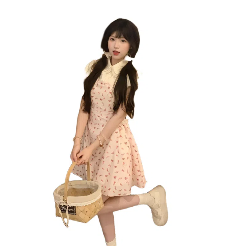 玉儿恋 学院风甜美假两件娃娃领裙女夏在逃公主蓬蓬蛋糕裙小个子连衣裙 女款
