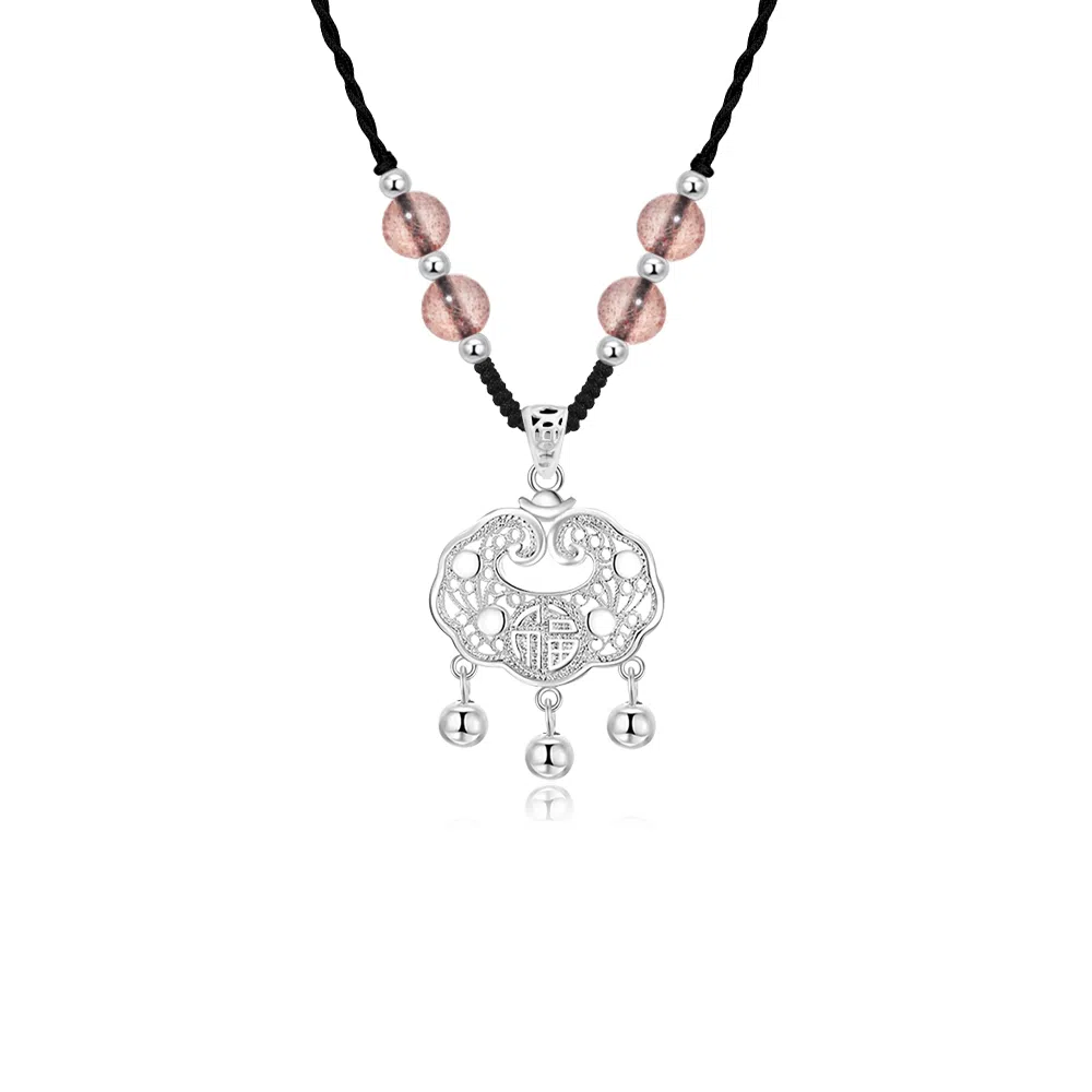 【S999足银纯银】六桂福 平安锁平安扣新中式长命锁吊坠 镂空花丝福字国潮转运招财纳福百搭气质手工编绳 福韵金 好运 玛瑙 礼盒项链 女款