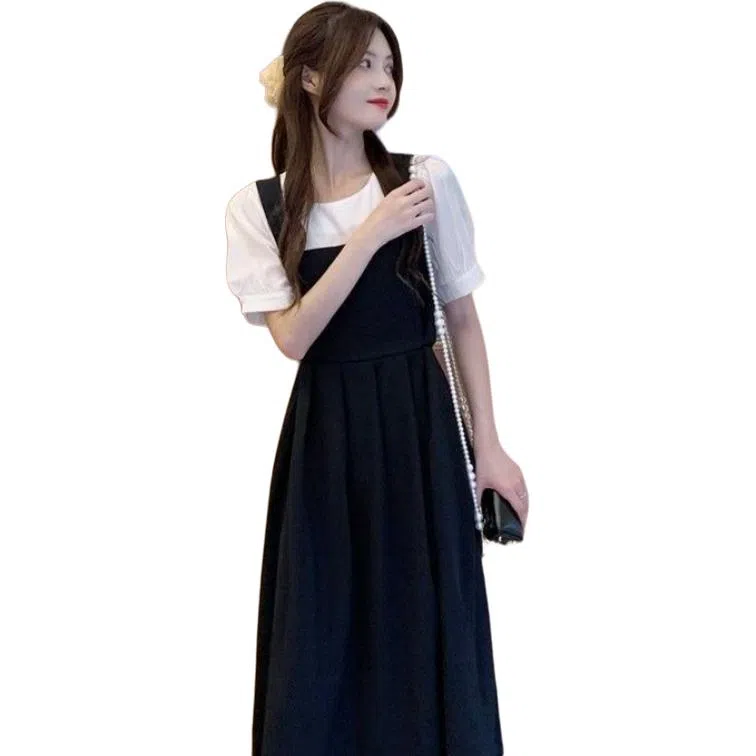 兰缪 法式气质假两件收腰减龄短袖连衣裙 女款