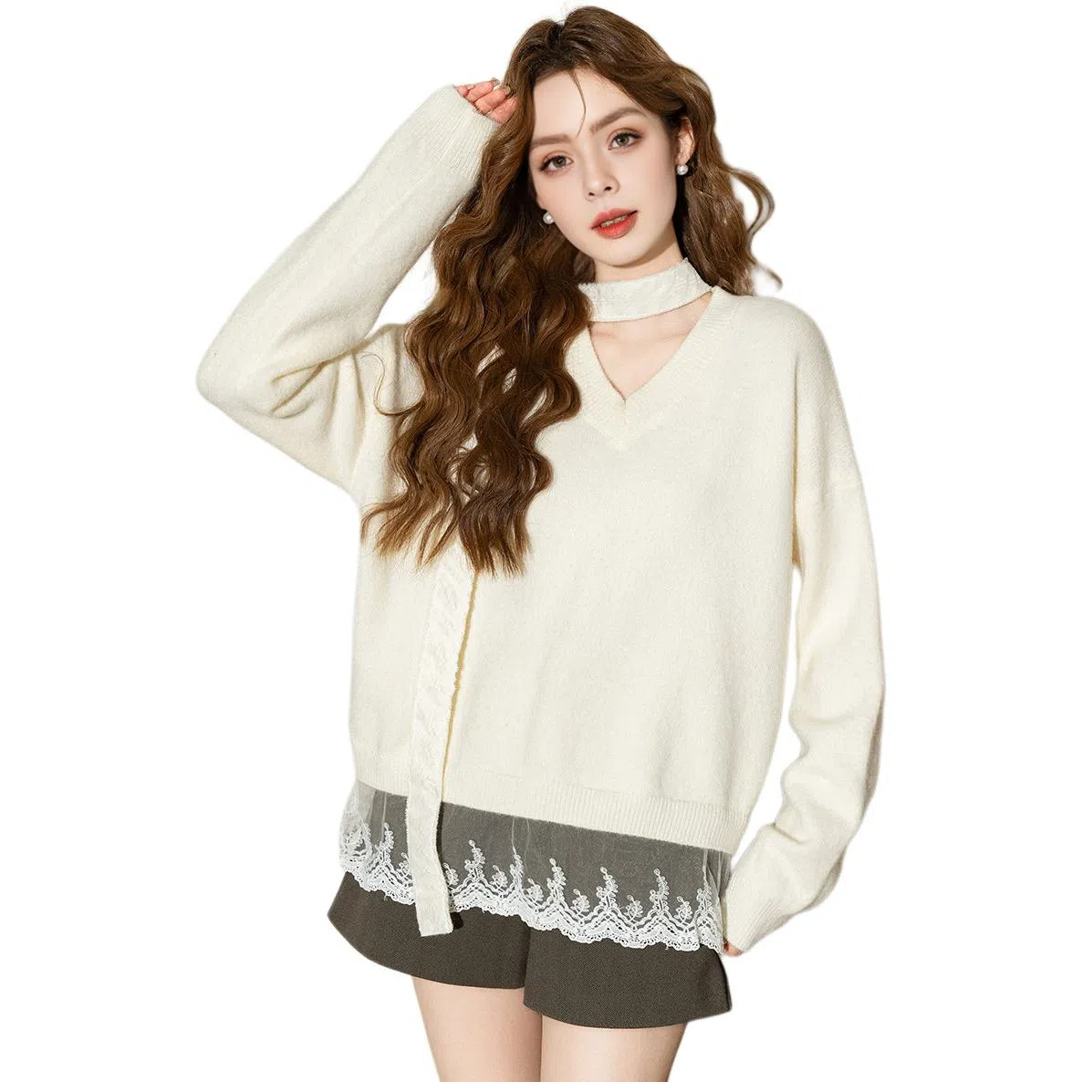 法文箱子 拼接宽松舒适长袖针织衫 女款