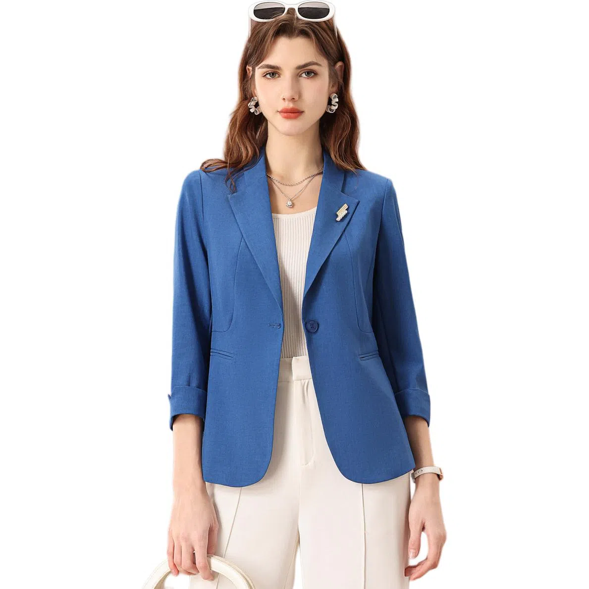 粉红玛琍 纯色修身长袖西装 女款 藏蓝