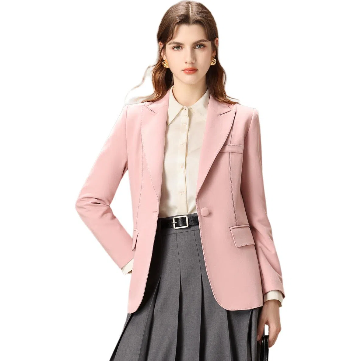 粉红玛琍 纯色一粒扣简约西装 女款 粉色