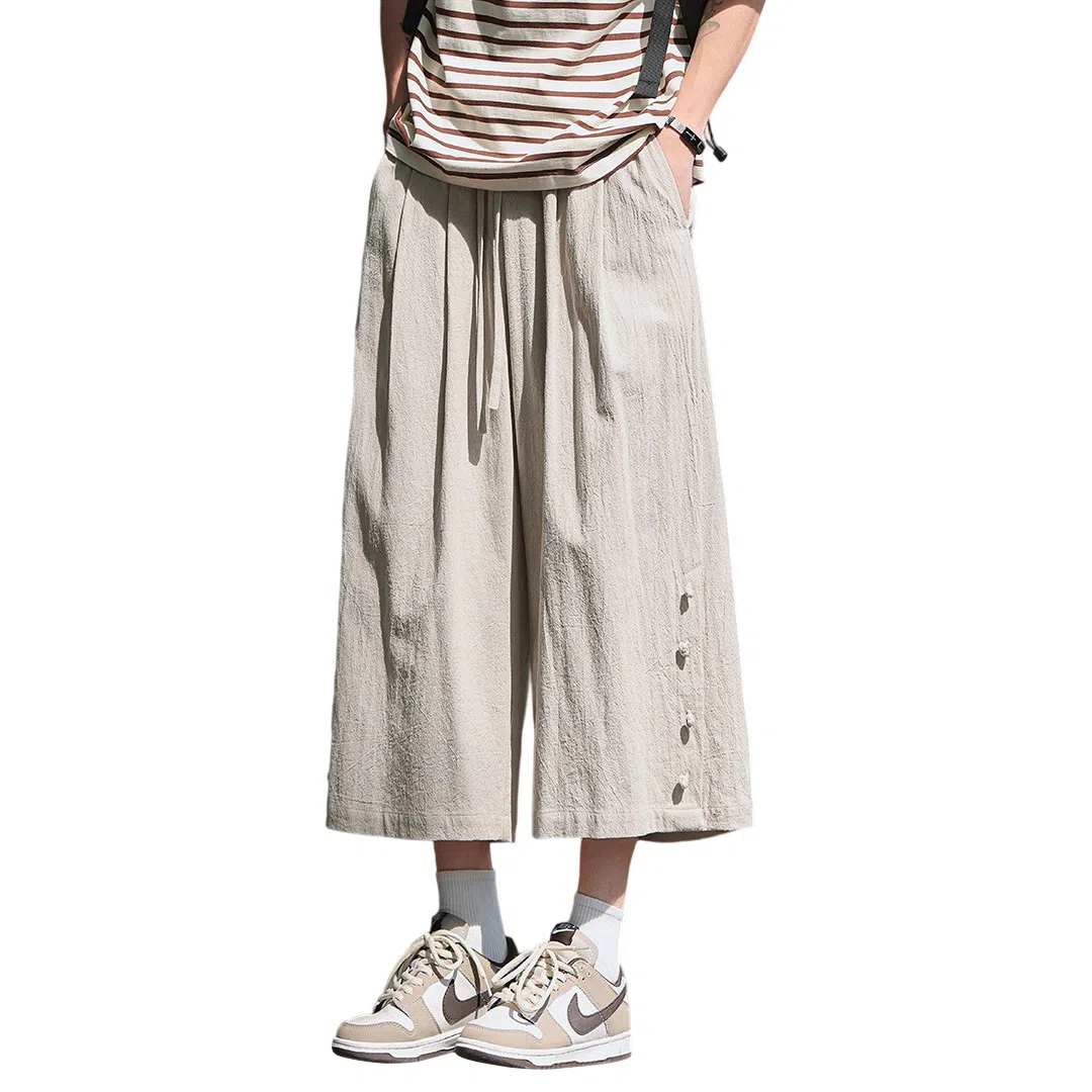 顶峰保罗 新中式纯棉薄款宽松阔腿国潮无性别主义纯色潮牌盘扣七分裤弹力抽绳显高直筒大码休闲短裤 男女同款