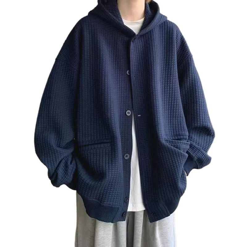 玉儿恋 美式复古纯色宽松百搭开衫连帽加厚夹克外套 男款