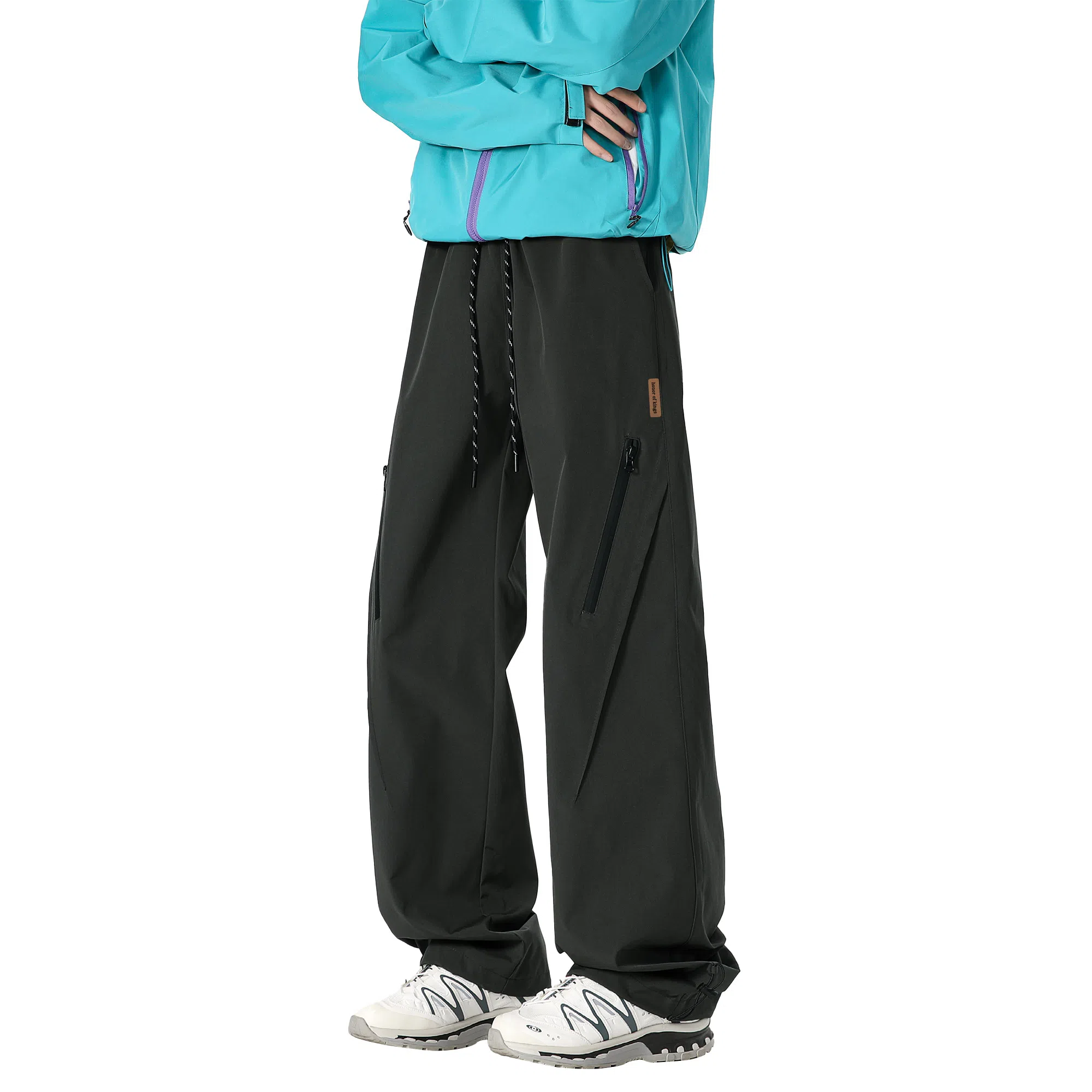 王者荣耀 美式高街拼接裤脚束带长裤宽松舒适透气户外徒步登山运动百搭时尚直筒休闲裤 标语款 男女同款