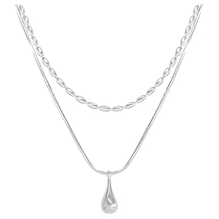 甜酷冷淡风双层链条米粒碎银子水滴可调节设计感锁骨链 优质铜质 时尚项链 女款 闪耀银色饰品