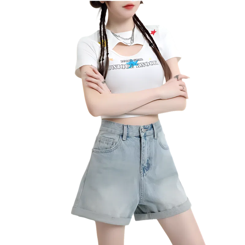 北极绒 简约舒适百搭高腰时尚牛仔短裤 女款