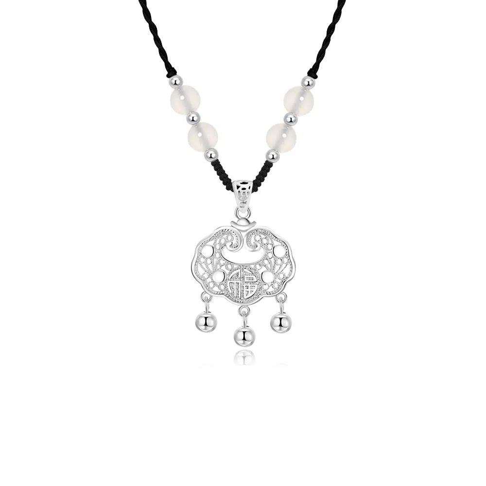 【S999足银纯银】六桂福 平安锁平安扣新中式长命锁吊坠 镂空花丝福字国潮转运招财纳福百搭气质手工编绳 福韵金 好运 玛瑙 礼盒项链 女款