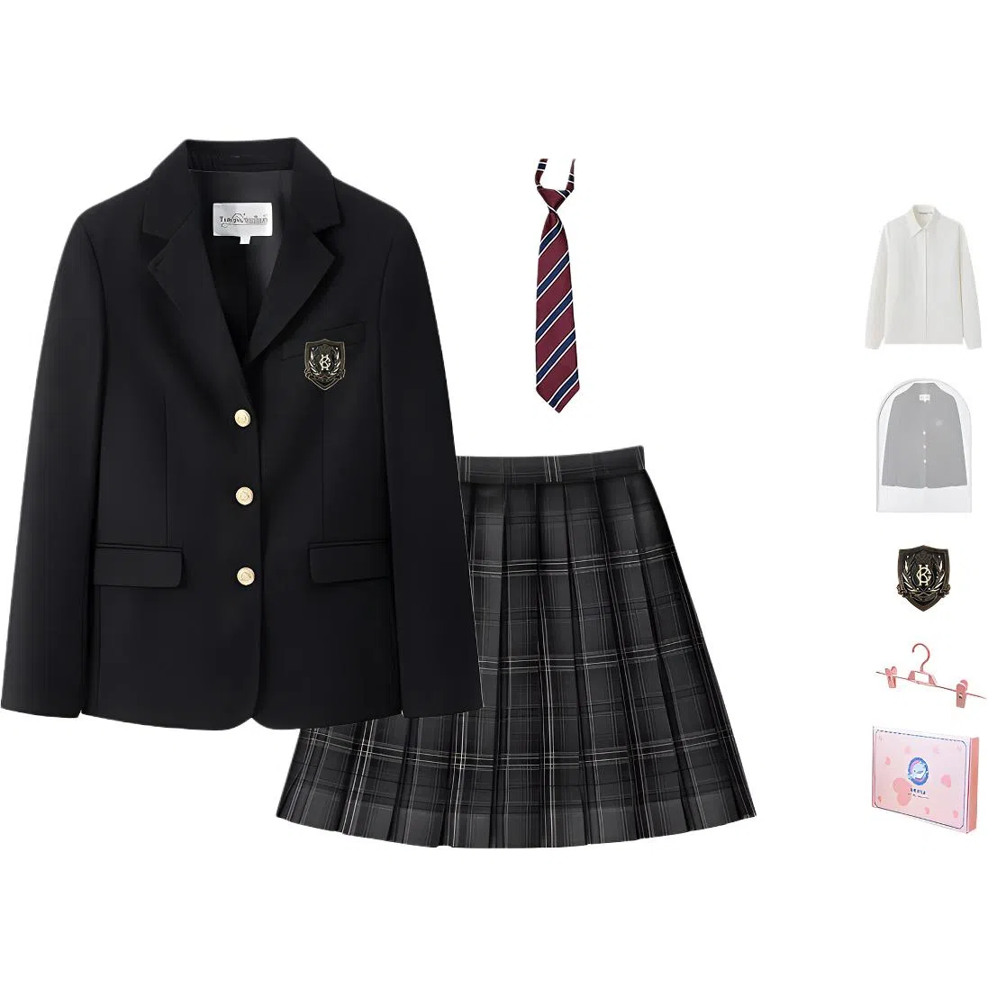 东鲸岁时记 学院风西装领长袖上衣长袖格子百褶短裙制服 女款 礼盒装 黑色